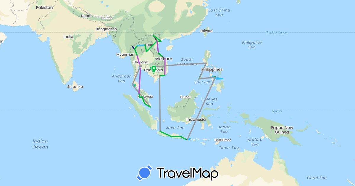 TravelMap itinerary: driving, bus, plane, train, boat, motorbike in Indonesia, Cambodia, Laos, Malaysia, Philippines, Singapore, Thailand, Vietnam (Asia)