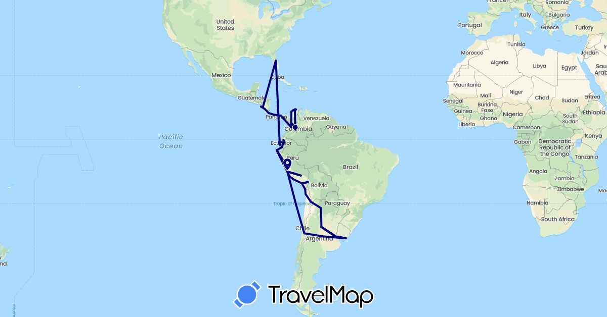 TravelMap itinerary: driving in Argentina, Chile, Colombia, Costa Rica, Ecuador, Nicaragua, Panama, Peru, United States, Uruguay (North America, South America)